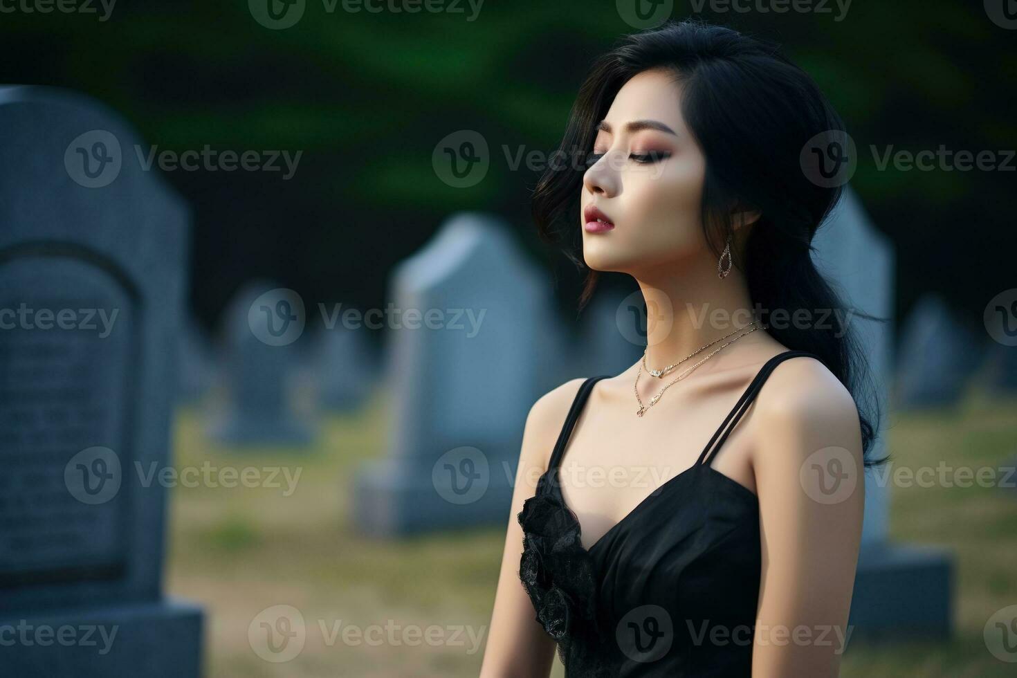 AI generated Beautiful young woman in the old cemetery. photo