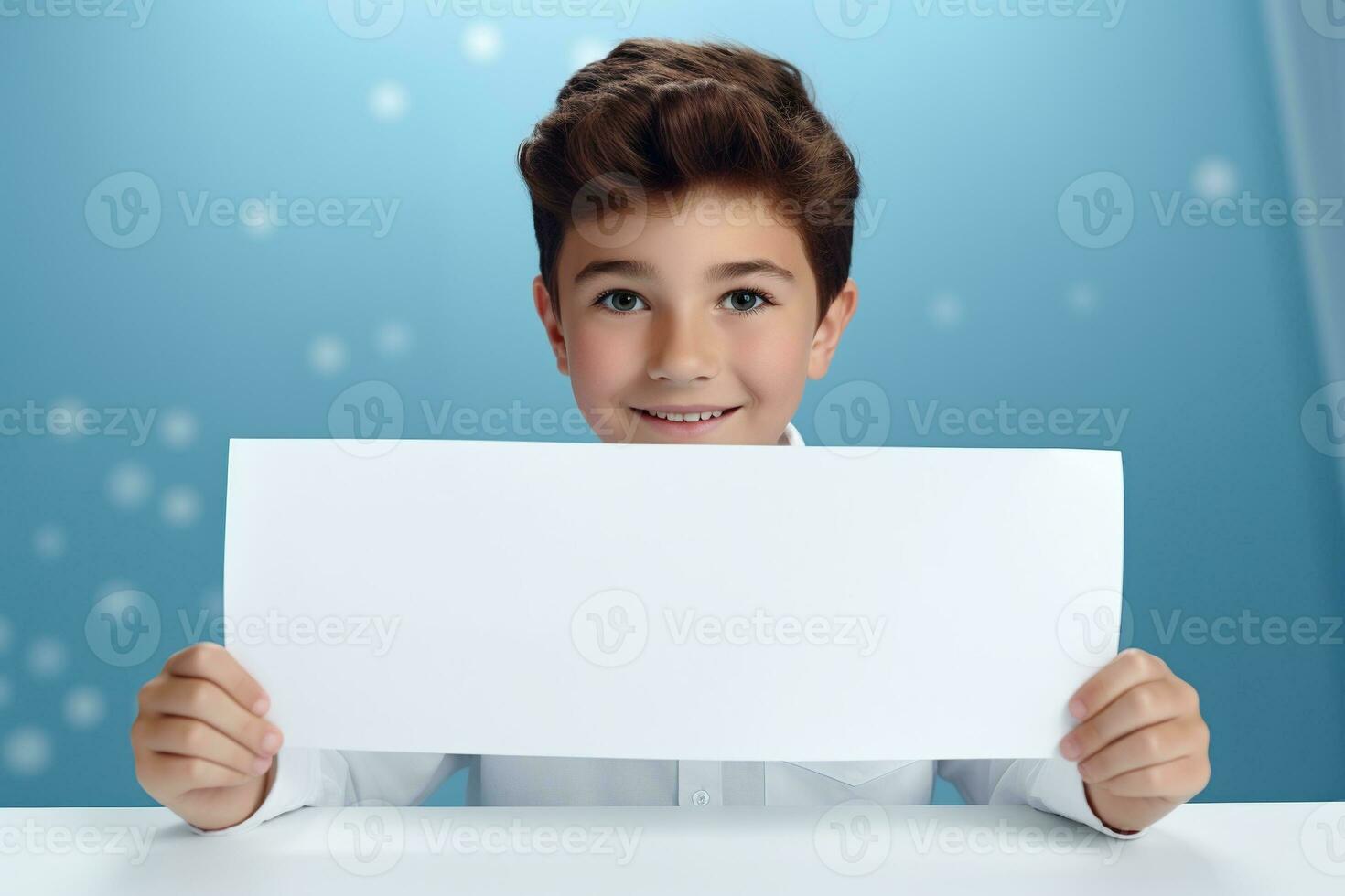 AI generated Little boy holding a blank white sheet of paper photo