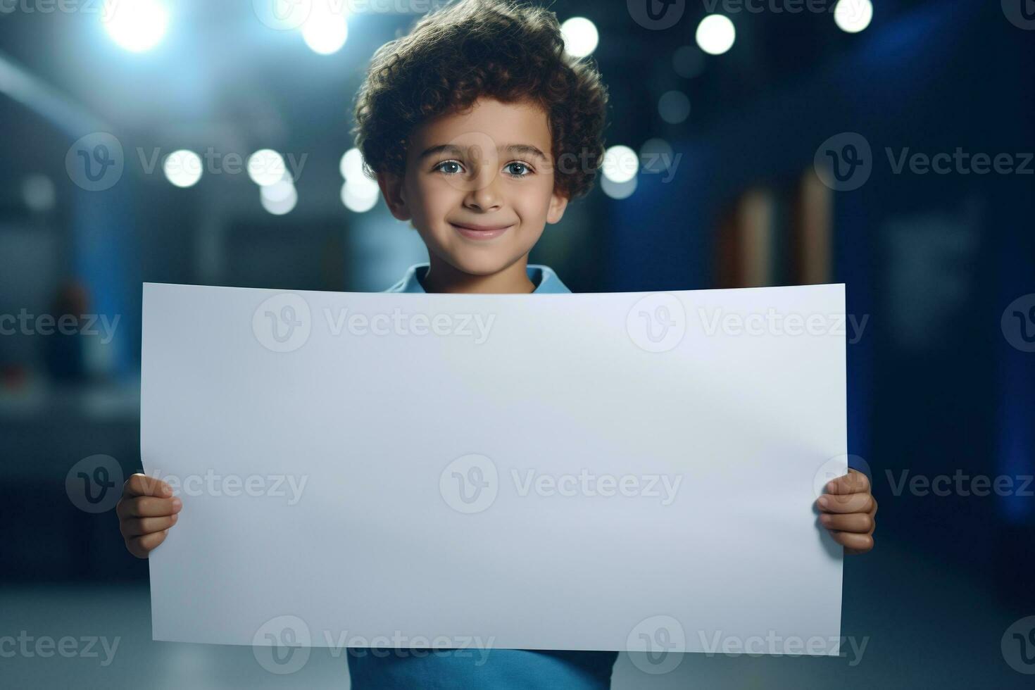 AI generated Little boy holding a blank white sheet of paper photo