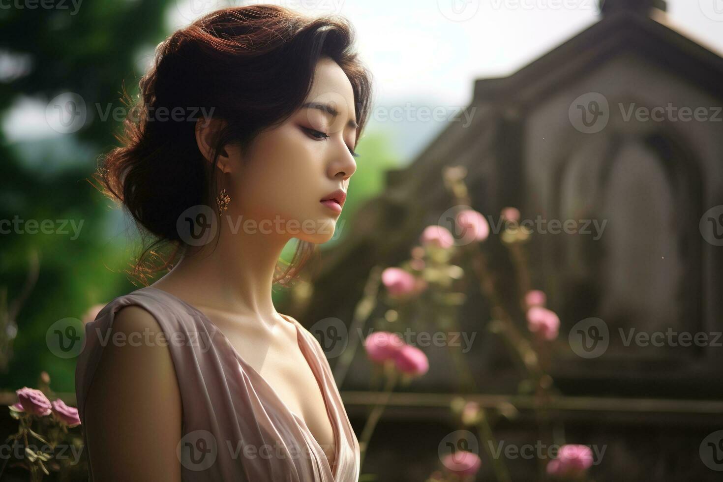 AI generated Beautiful young woman in the old cemetery. photo