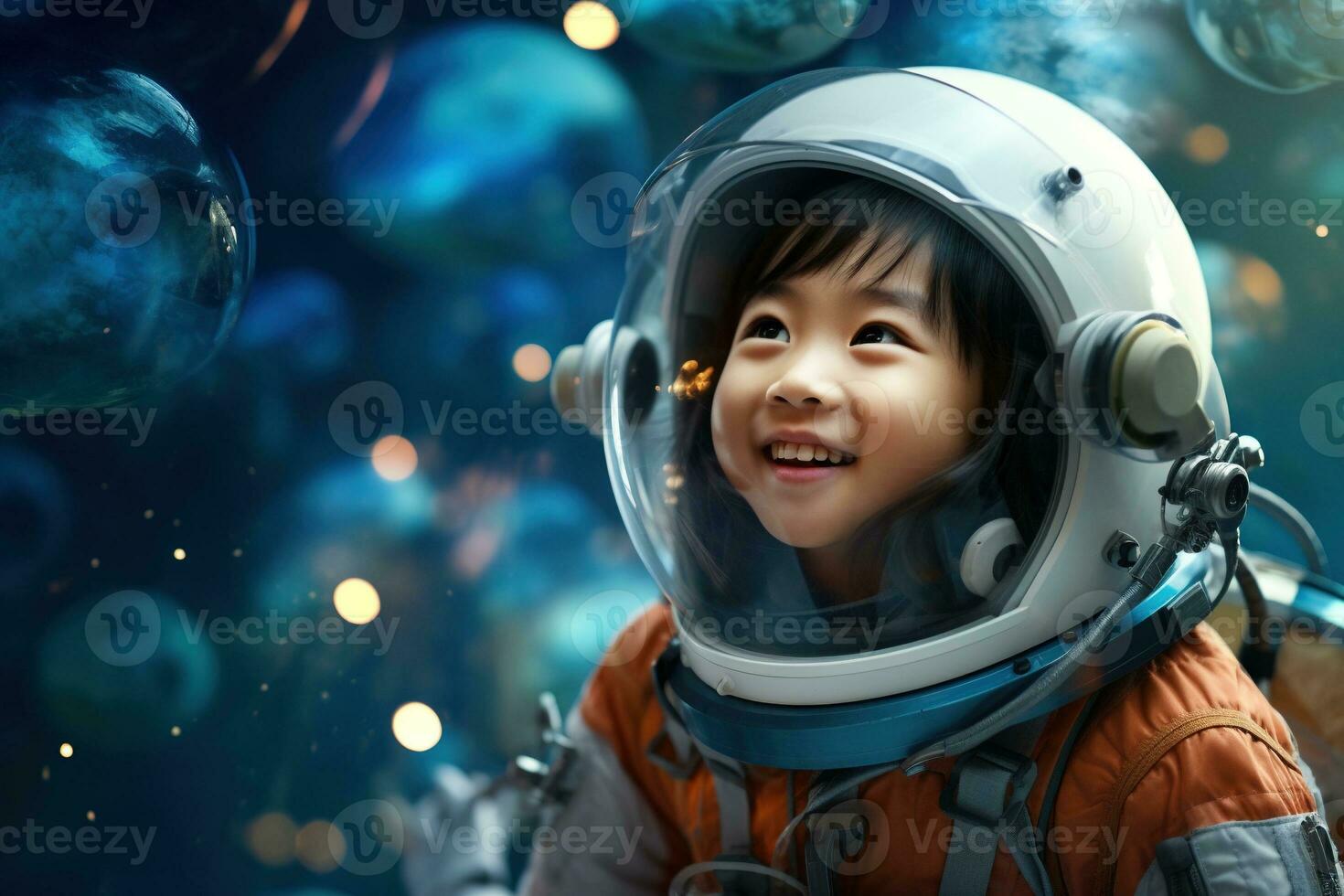 AI generated Portrait of little asian girl wearing astronaut helmet in the space photo