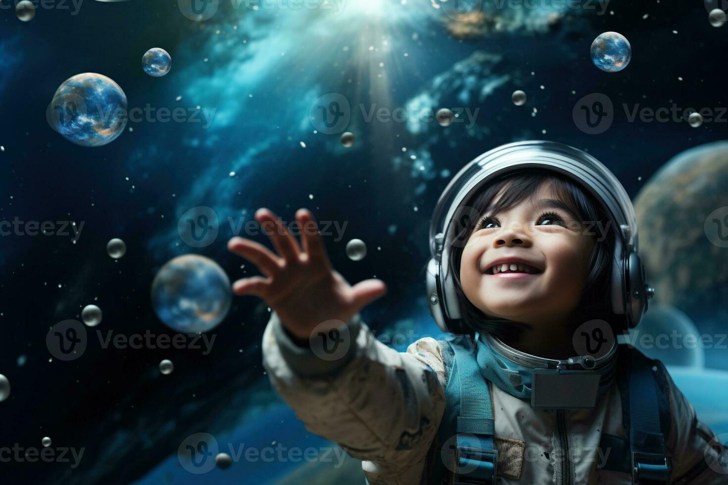 AI generated Portrait of little asian girl wearing astronaut helmet in the space photo