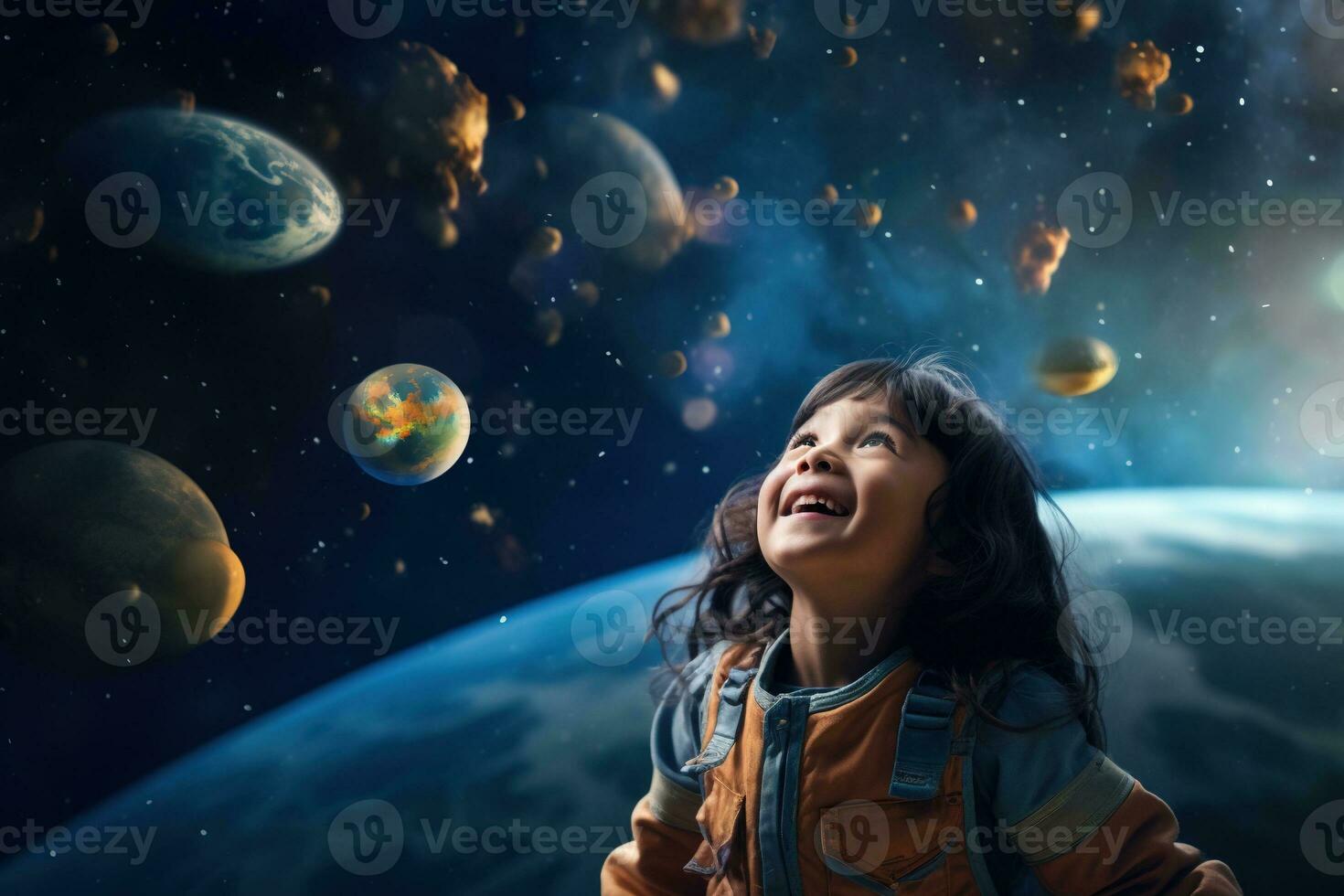 AI generated Portrait of little asian girl wearing astronaut helmet in the space photo