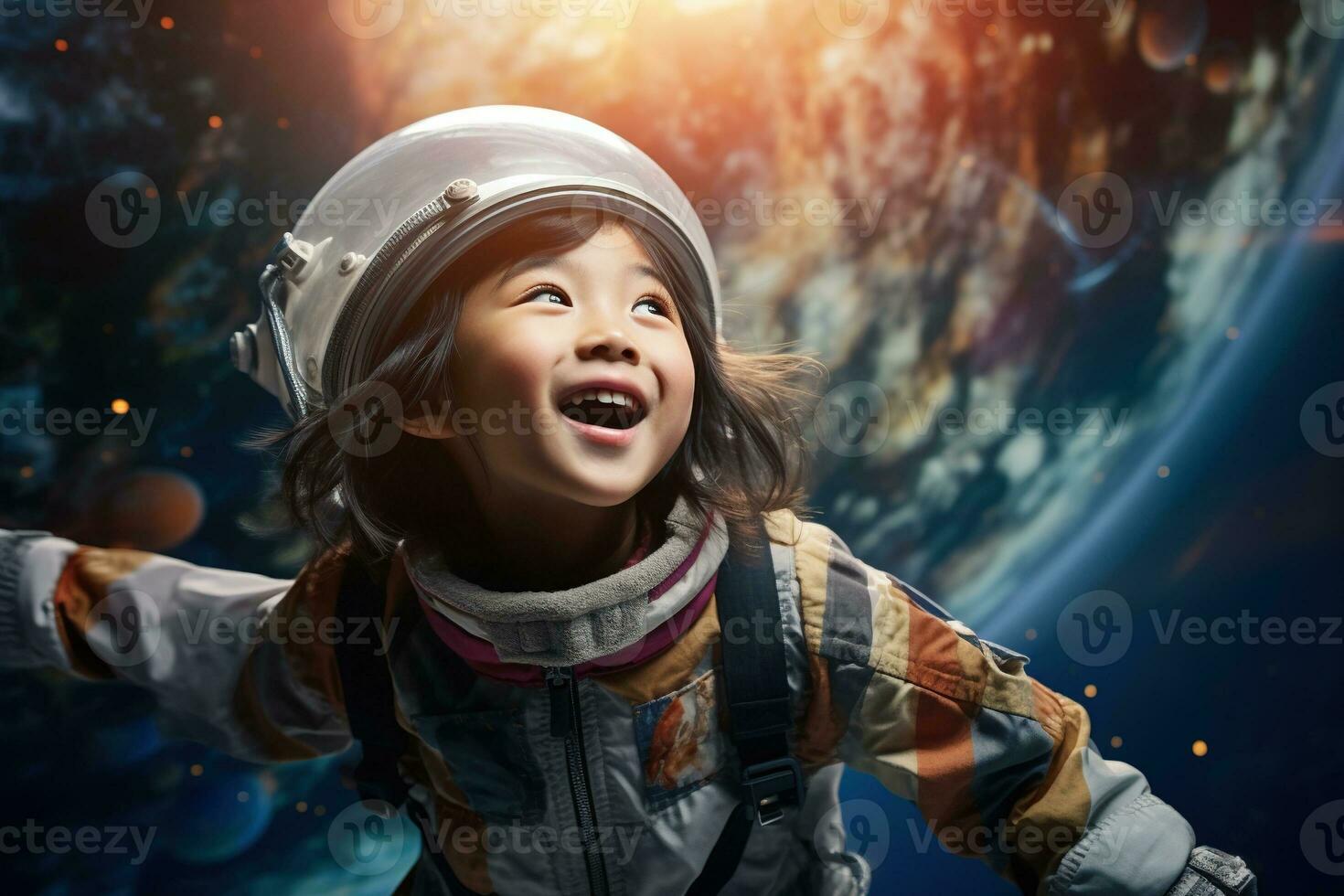 AI generated Portrait of little asian girl wearing astronaut helmet in the space photo