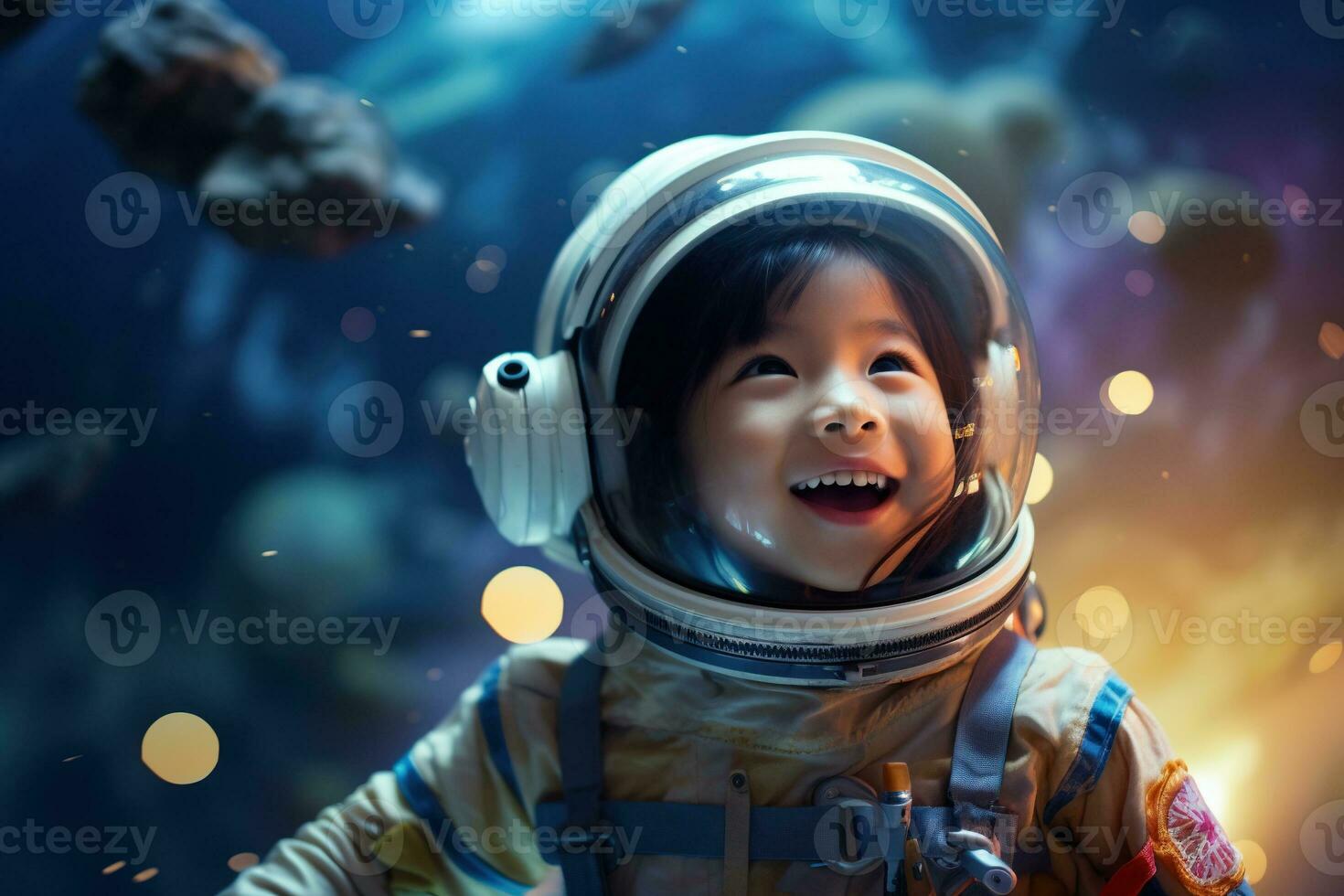 AI generated Portrait of little asian girl wearing astronaut helmet in the space photo