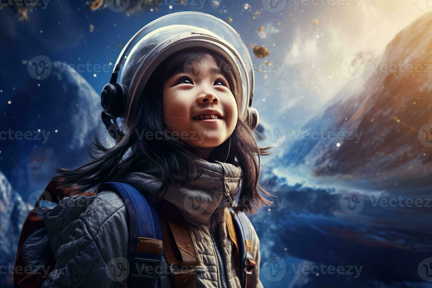 AI generated Portrait of little asian girl wearing astronaut helmet in the space photo