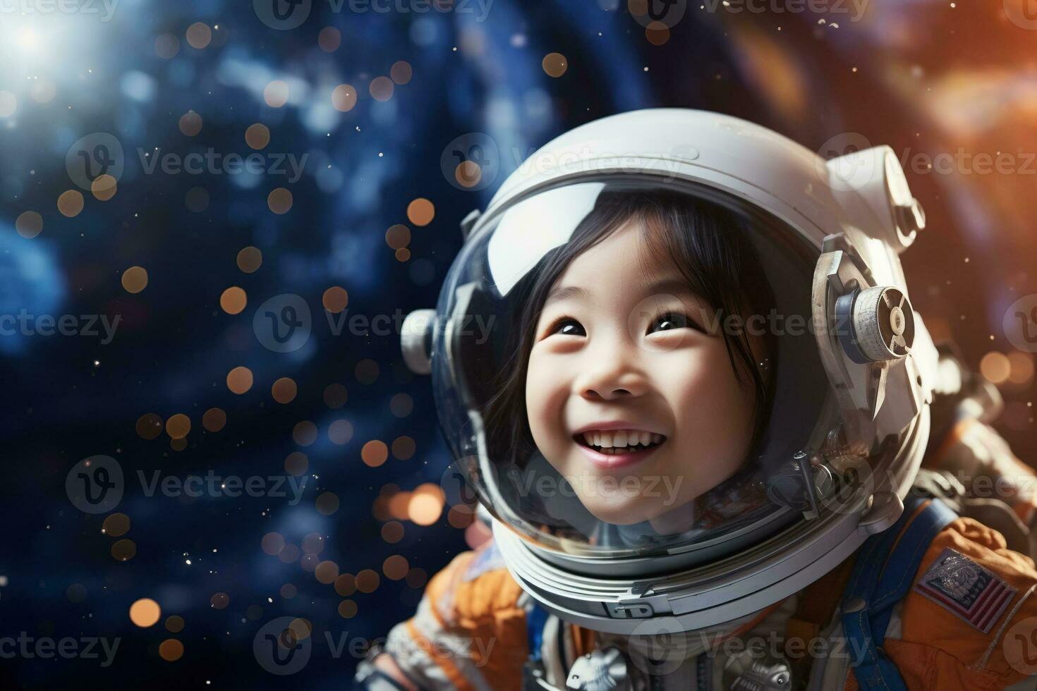 ai generado retrato de pequeño asiático niña vistiendo astronauta casco en el espacio foto