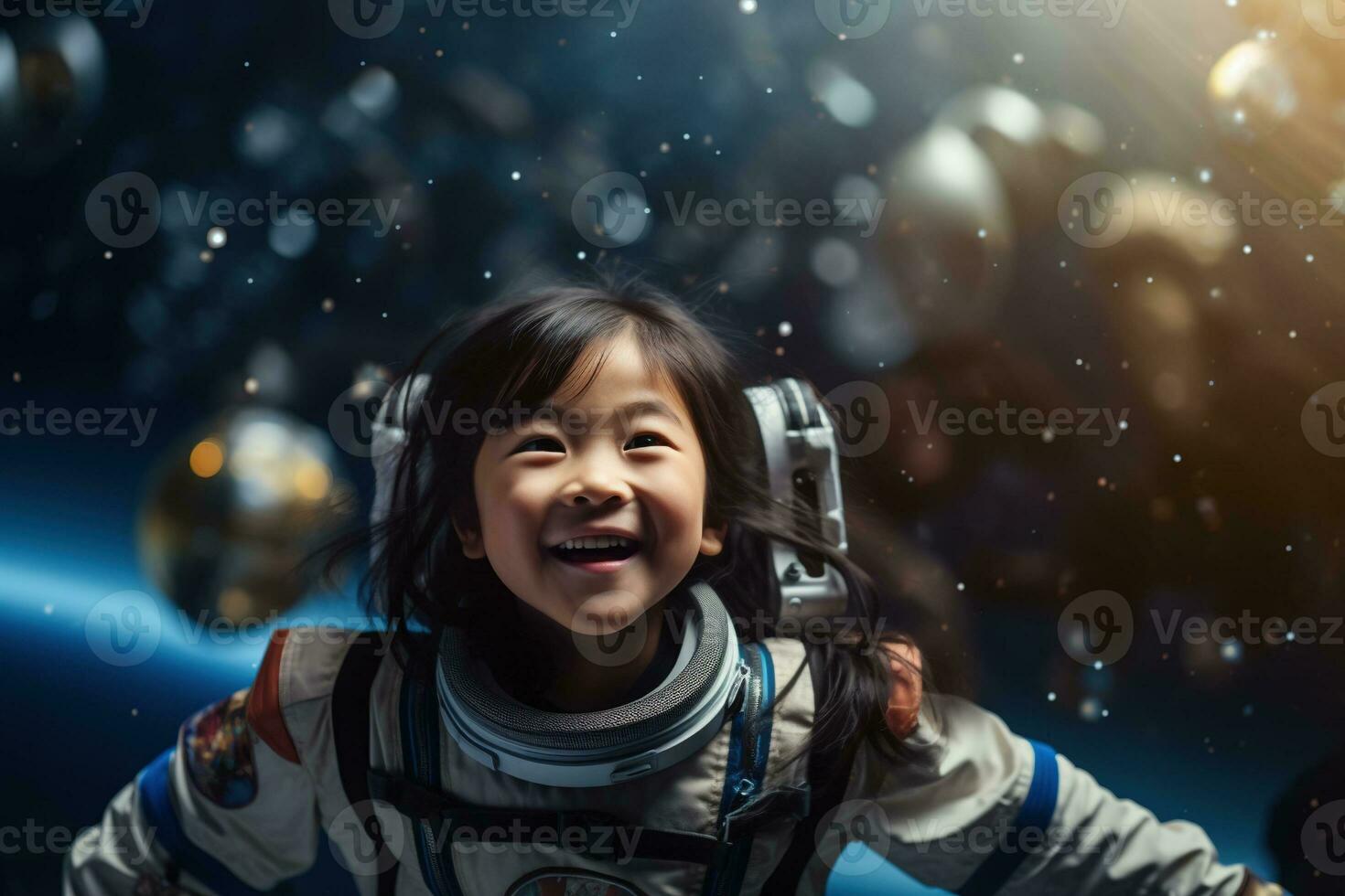AI generated Portrait of little asian girl wearing astronaut helmet in the space photo
