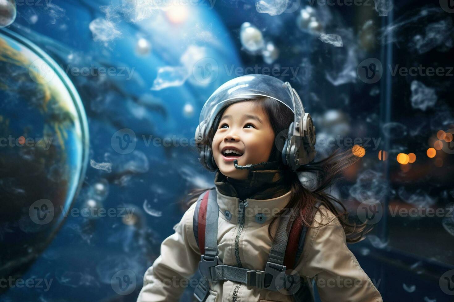 AI generated Portrait of little asian girl wearing astronaut helmet in the space photo