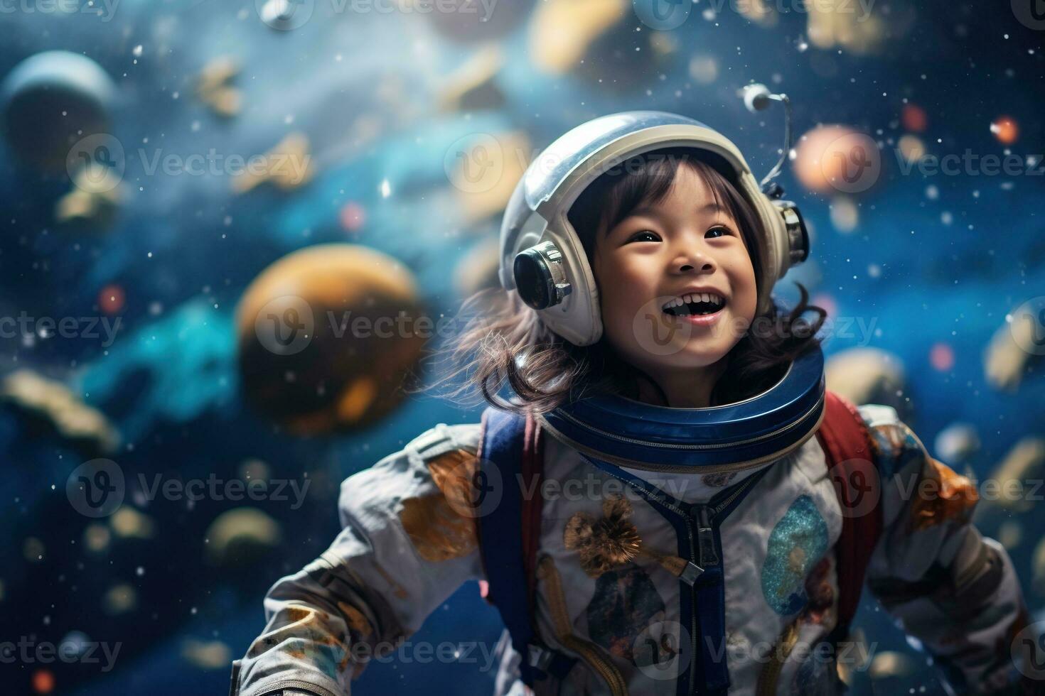 AI generated Portrait of little asian girl wearing astronaut helmet in the space photo