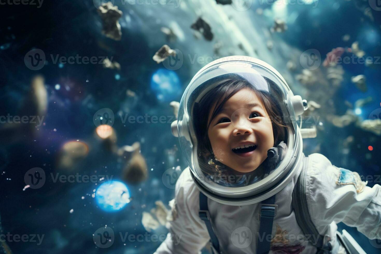AI generated Portrait of little asian girl wearing astronaut helmet in the space photo