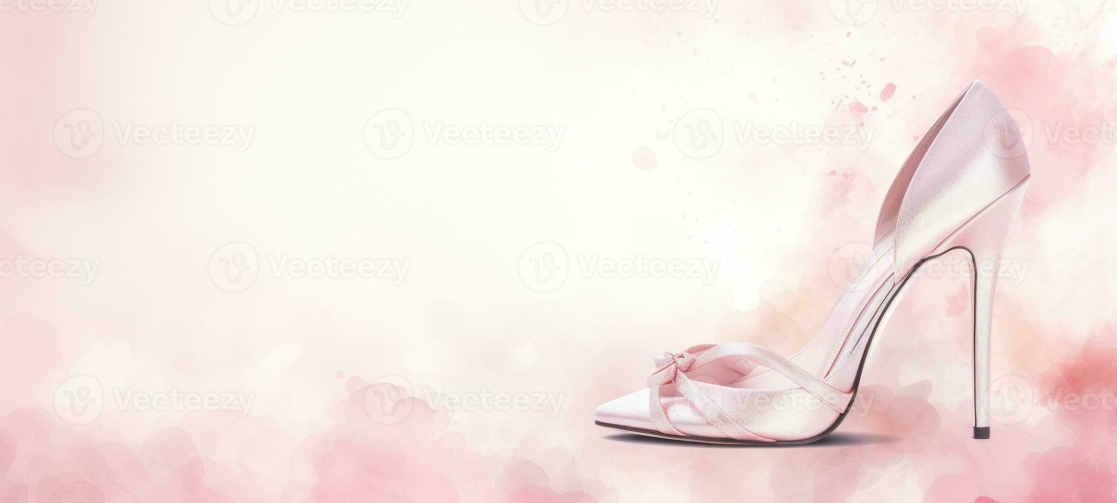 AI generated Watercolor fashion women high heeled shoe against background of splashes and stains. In light pink color. Banner with copy space. Ideal for fashion blogs or retail advertisements. photo