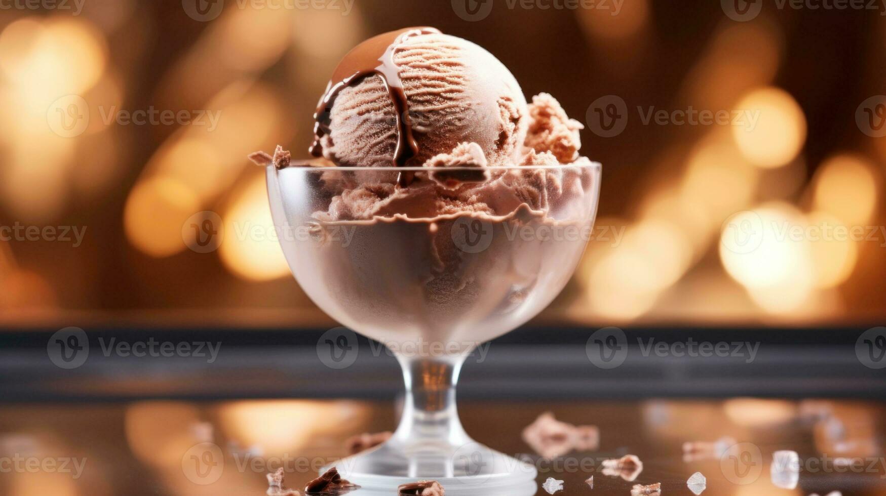 ai generado chocolate hielo crema coronado con chocolate piezas en transparente vaso en oscuro borroso antecedentes con Bokeh. ideal para postre menús, comida blogs, anuncios, revistas, receta libros. foto