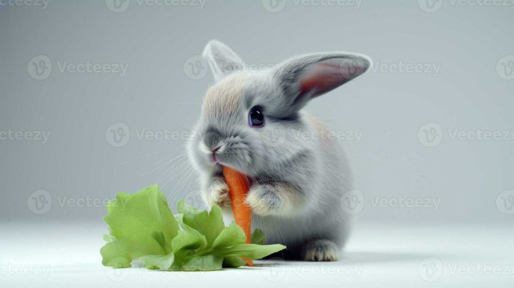 AI generated Grey Rabbit with Fresh carrot and lettuce on light gradient background. Cute fluffy bunny. Easter concept. Ideal for pet food advertisements, educational content, veterinary or animal photo