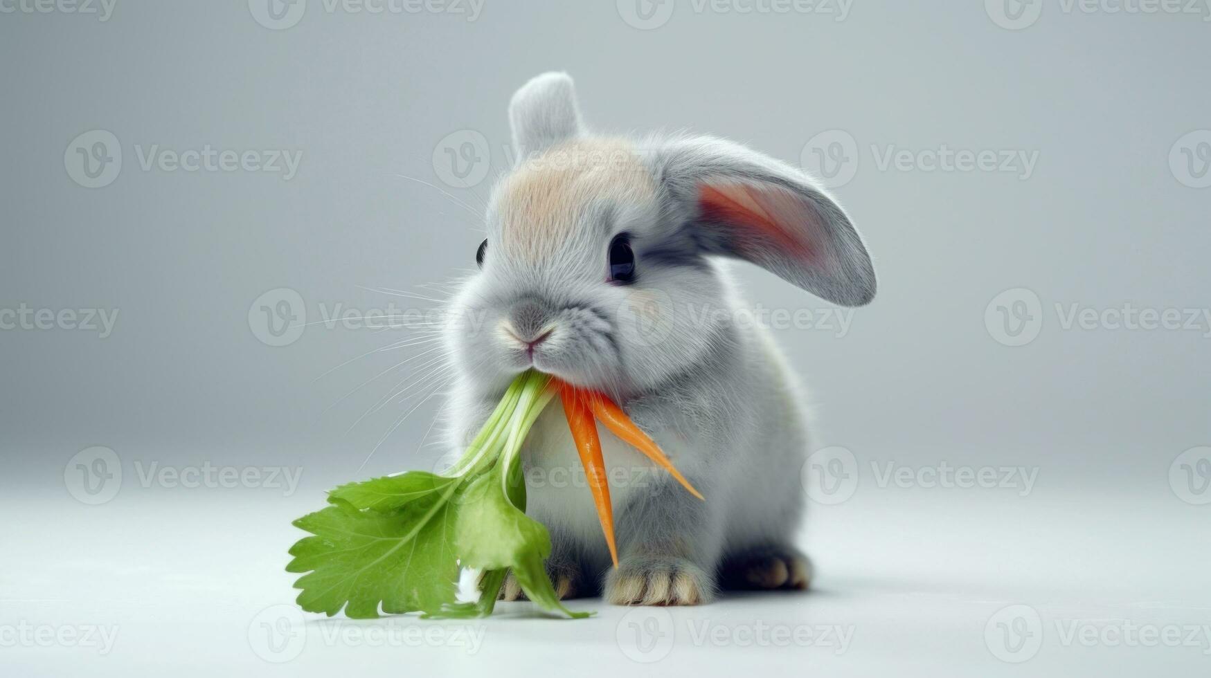 AI generated Grey Rabbit with Fresh carrot and lettuce on light gradient background. Cute fluffy bunny. Easter concept. Ideal for pet food advertisements, educational content, veterinary or animal photo