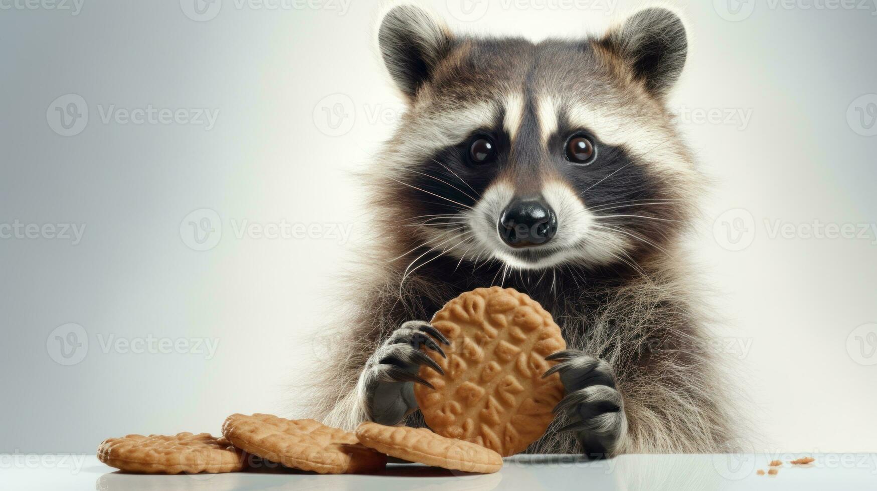 AI generated Close-up image of a raccoon holding a cookie, surrounded by more cookies. On light background. With copy space. Cute animal. Ideal for pet food advertisements or wildlife humor content photo