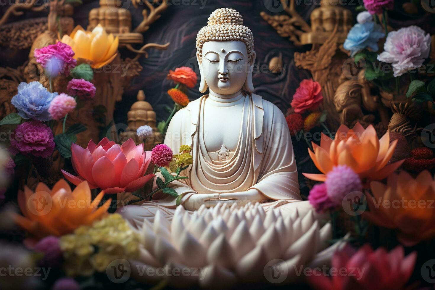 AI generated Buddha statue with lotus flower photo