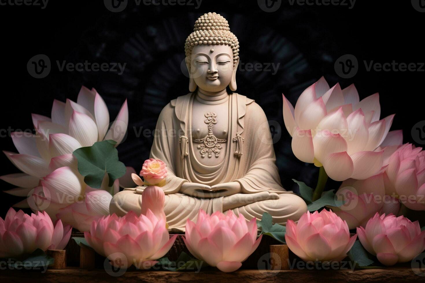 AI generated Buddha statue with lotus flower photo