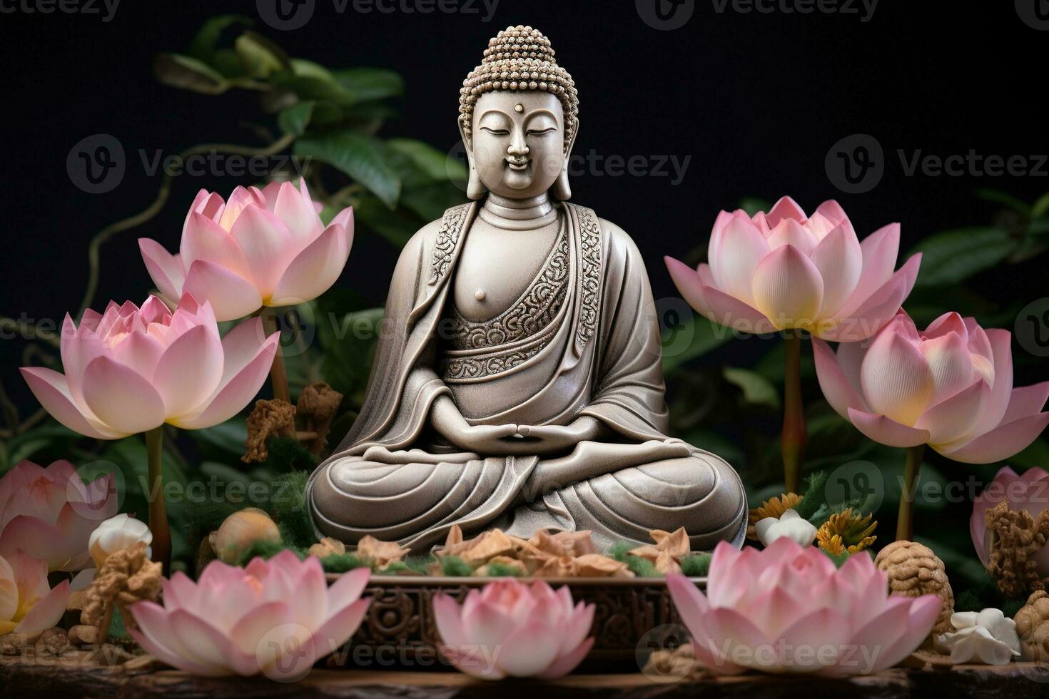 AI generated Buddha statue with lotus flower photo