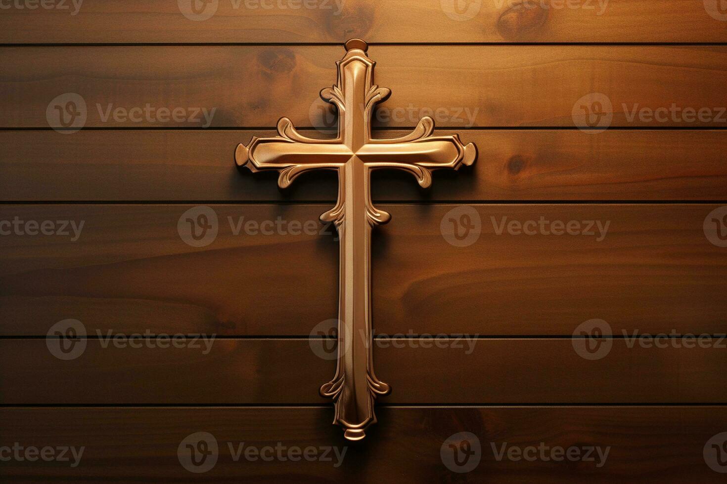 AI generated Wooden christian cross on a wooden background.Christian religion concept. photo