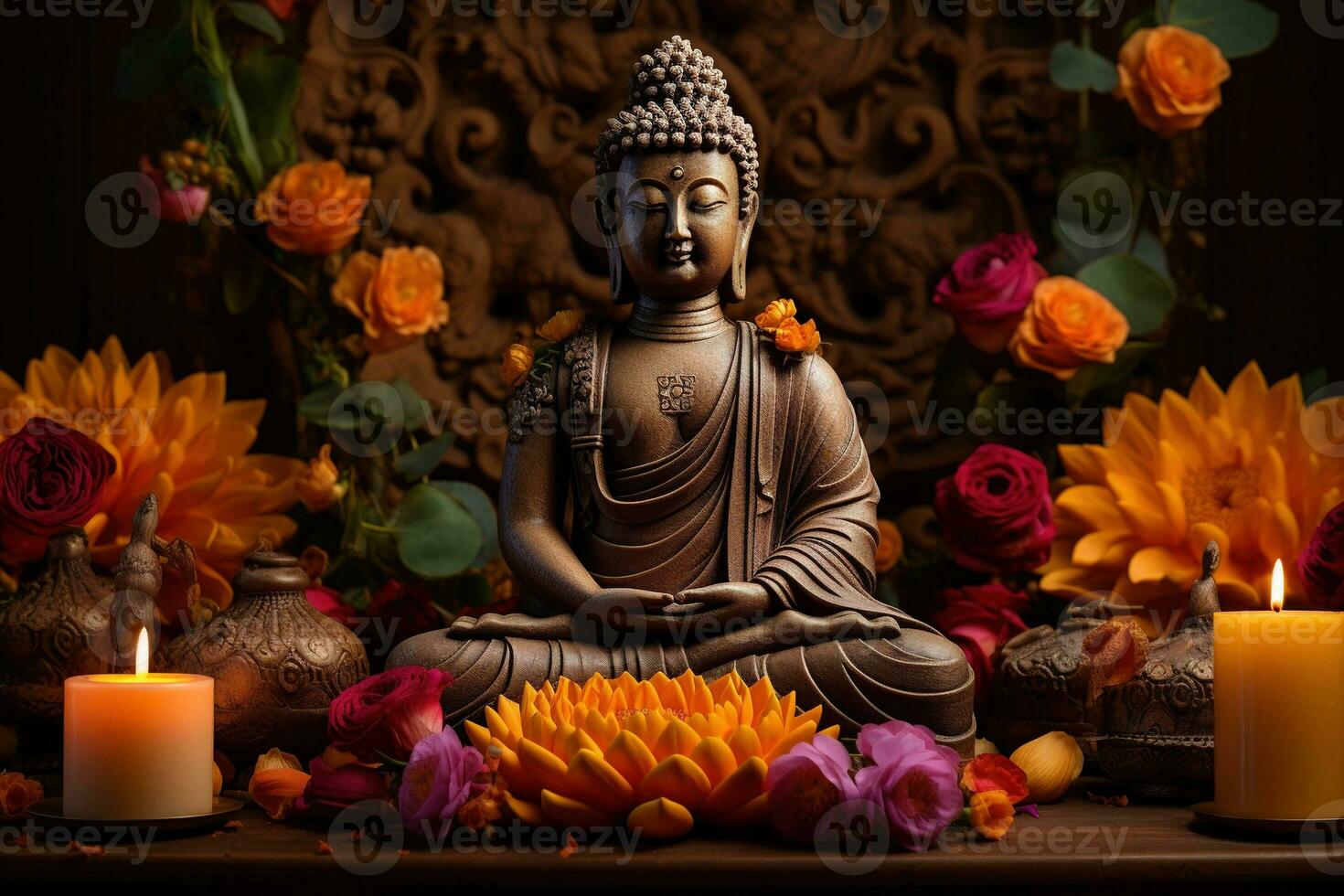 AI generated Buddha statue with lotus flower photo