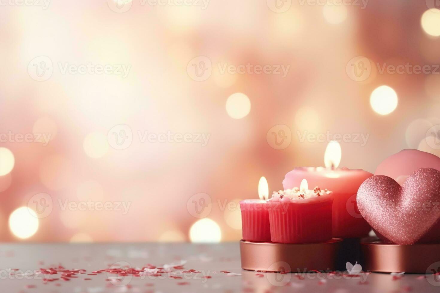 AI generated Valentine's Day background with hearts and candles on bokeh background photo