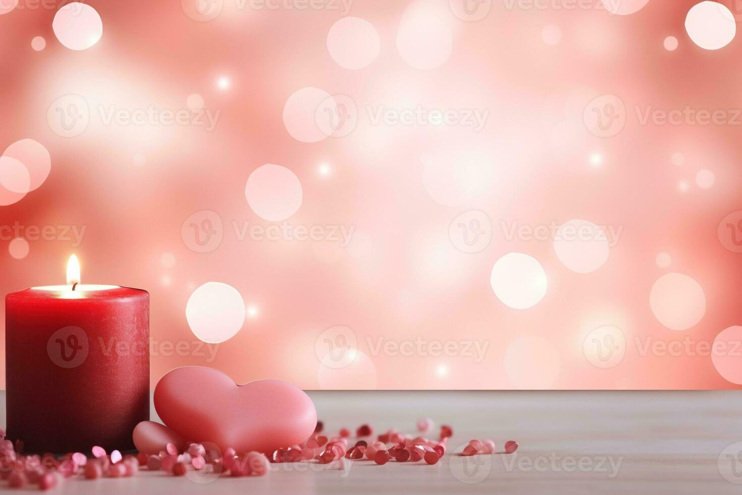 AI generated Valentine's Day background with hearts and candles on bokeh background photo