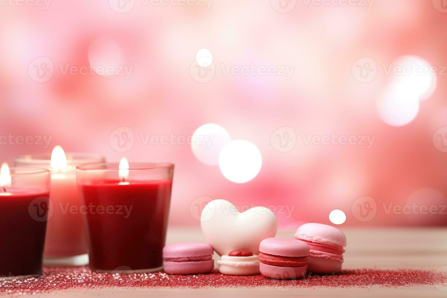 AI generated Valentine's Day background with hearts and candles on bokeh background photo