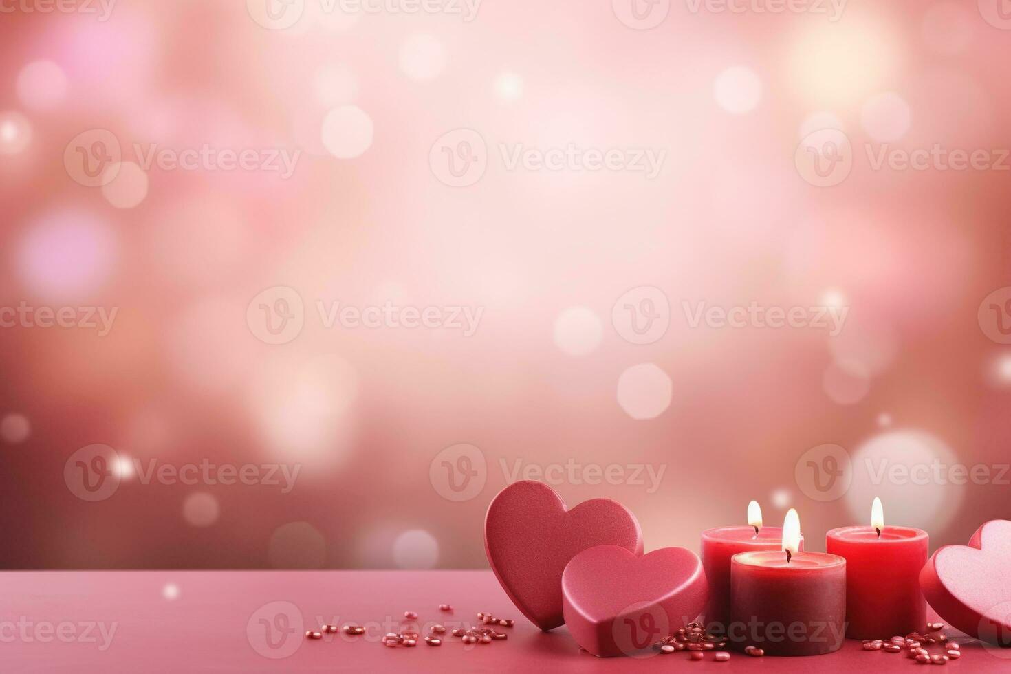 AI generated Valentine's Day background with hearts and candles on bokeh background photo