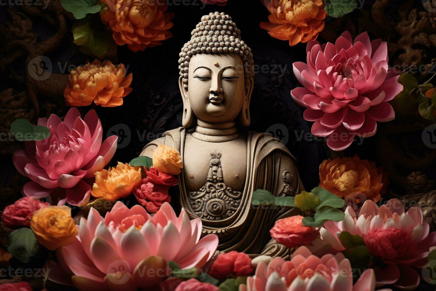 AI generated Buddha statue with lotus flower photo