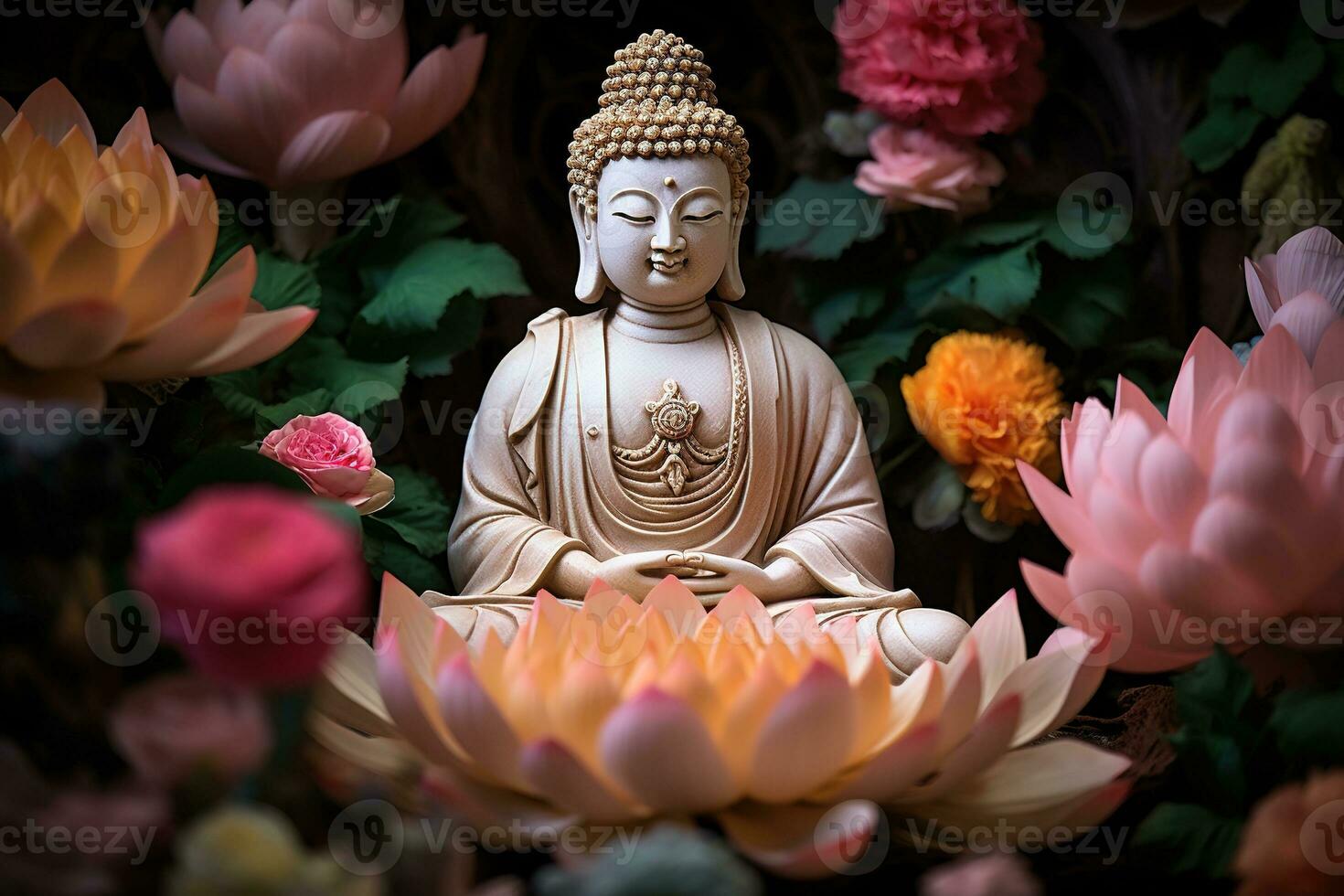 AI generated Buddha statue with lotus flower photo