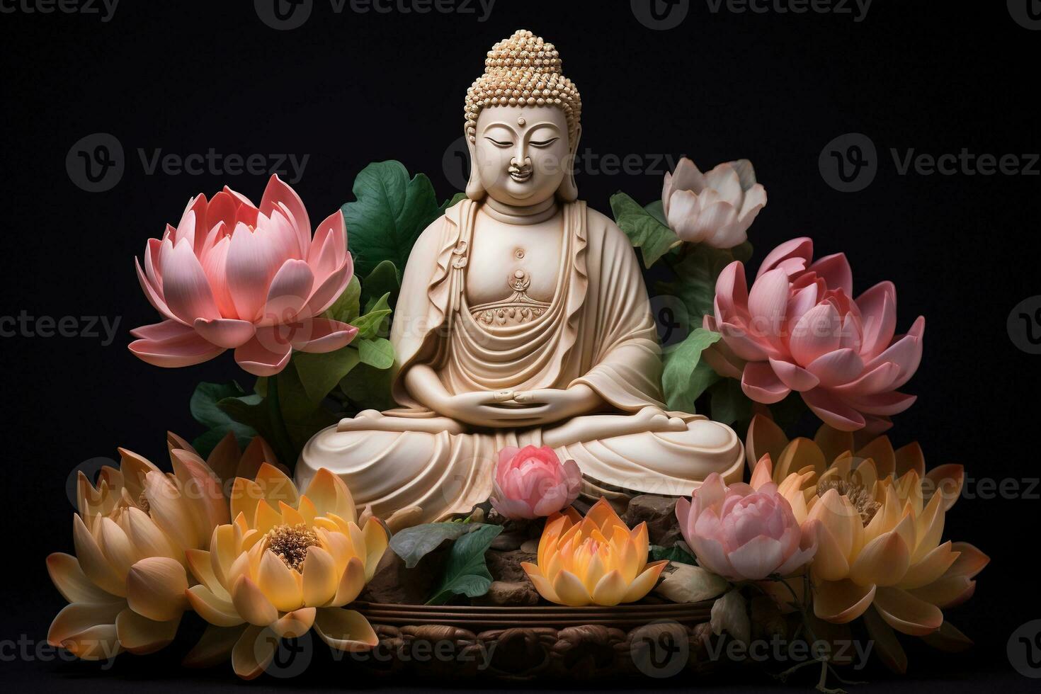 AI generated Buddha statue with lotus flower photo