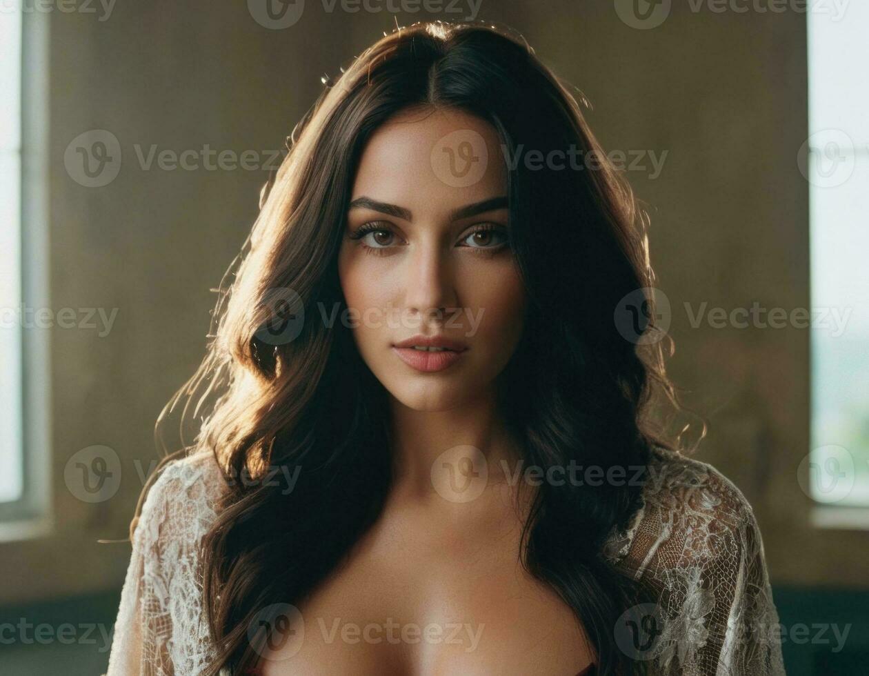 AI generated Portrait of a young brunette woman in an evening dress. photo