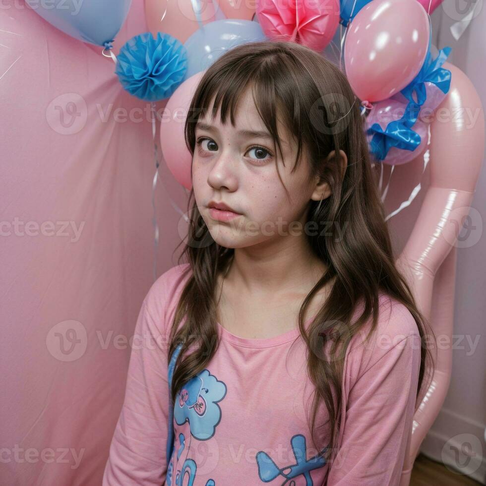 ai generado hermosa pequeño niña y su triste cumpleaños. foto