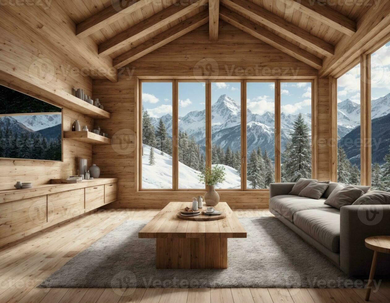 AI generated interior of a cozy chalet . AI generated photo