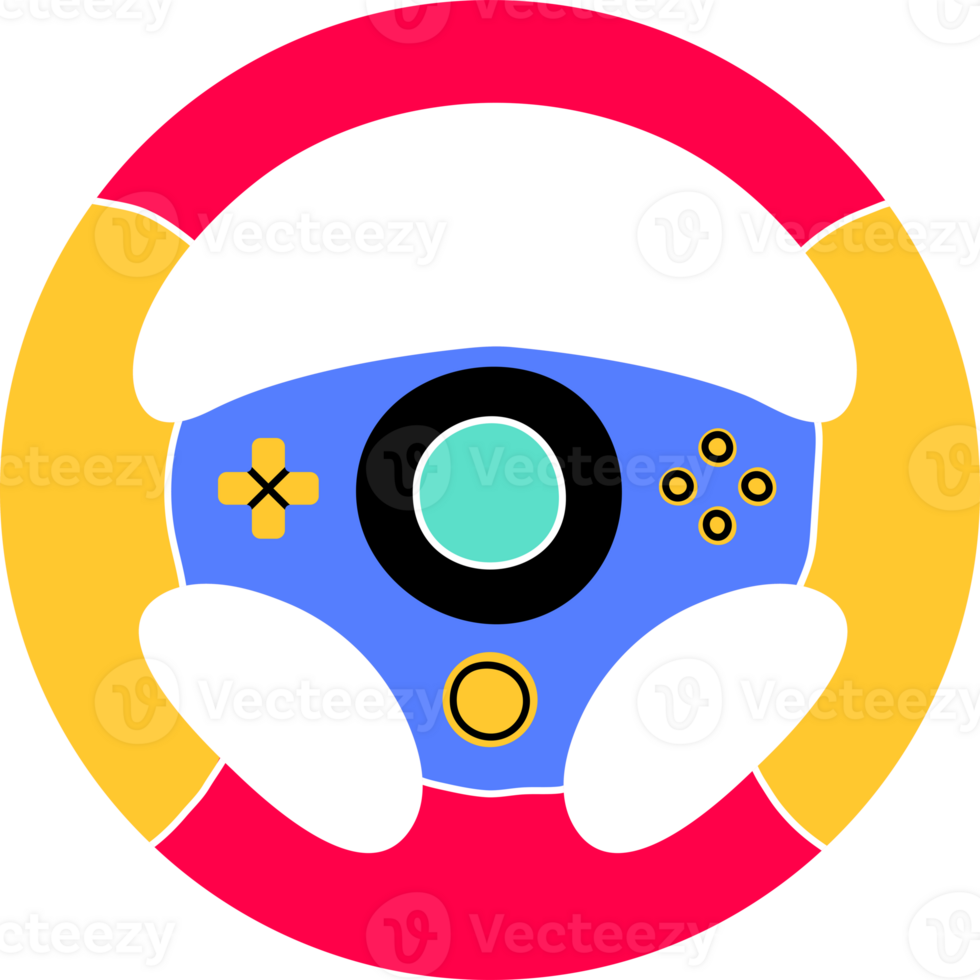 Gaming equipment in flat line style. Hand drawn graphic racing steering wheel, E-sports or mind sport symbol. Game controller PNG Illustration for decoration, logo, sticker, icon.