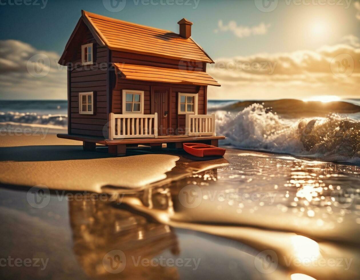 Miniature house on the sea coast. Travel concept. AI illustration. photo