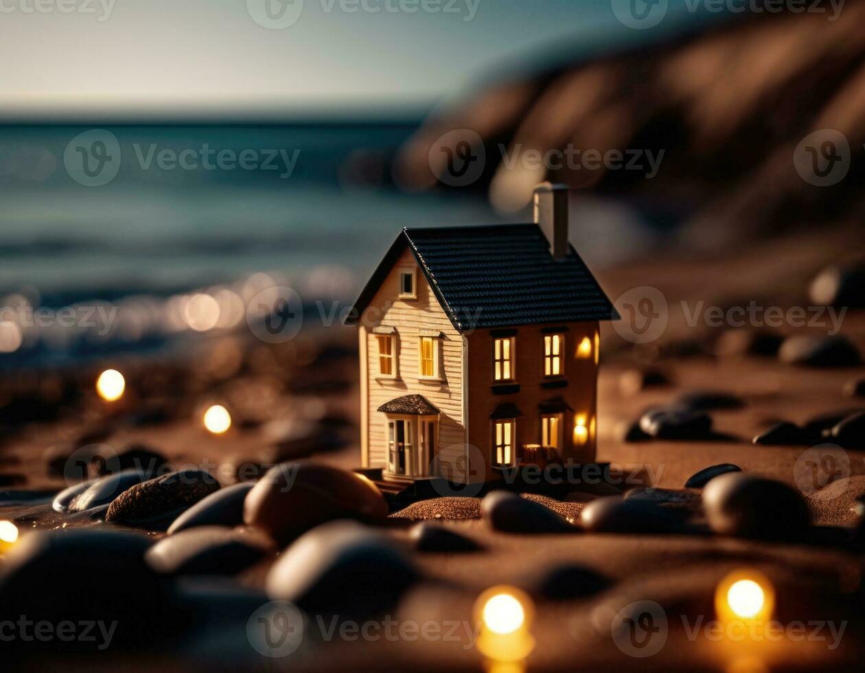 Miniature house on the sea coast. Travel concept. AI illustration. photo