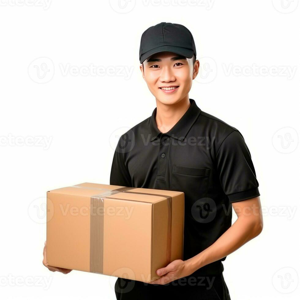 AI generated Asian delivery man holding a cardboard box. Isolated photo ready to use. AI Generated