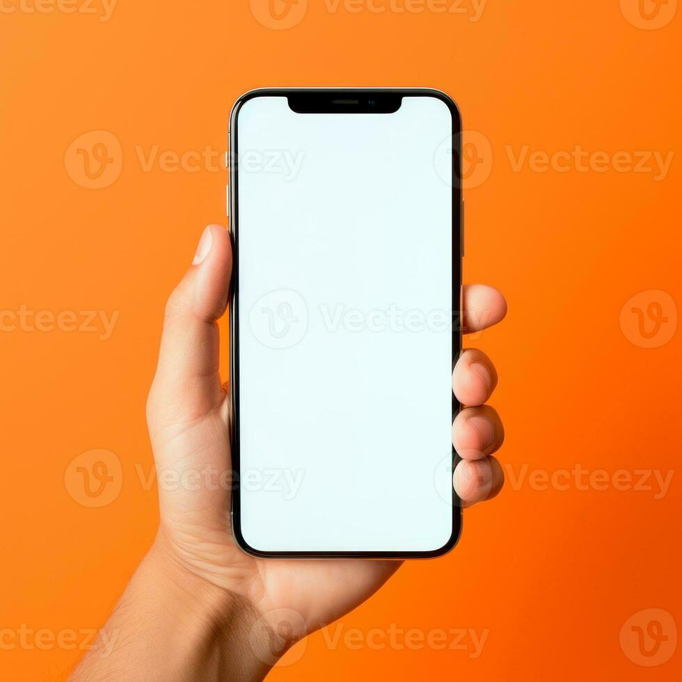AI generated Mockup of hand holding smartphone with blank screen. Colorful orange square photo with copy space. AI generated.