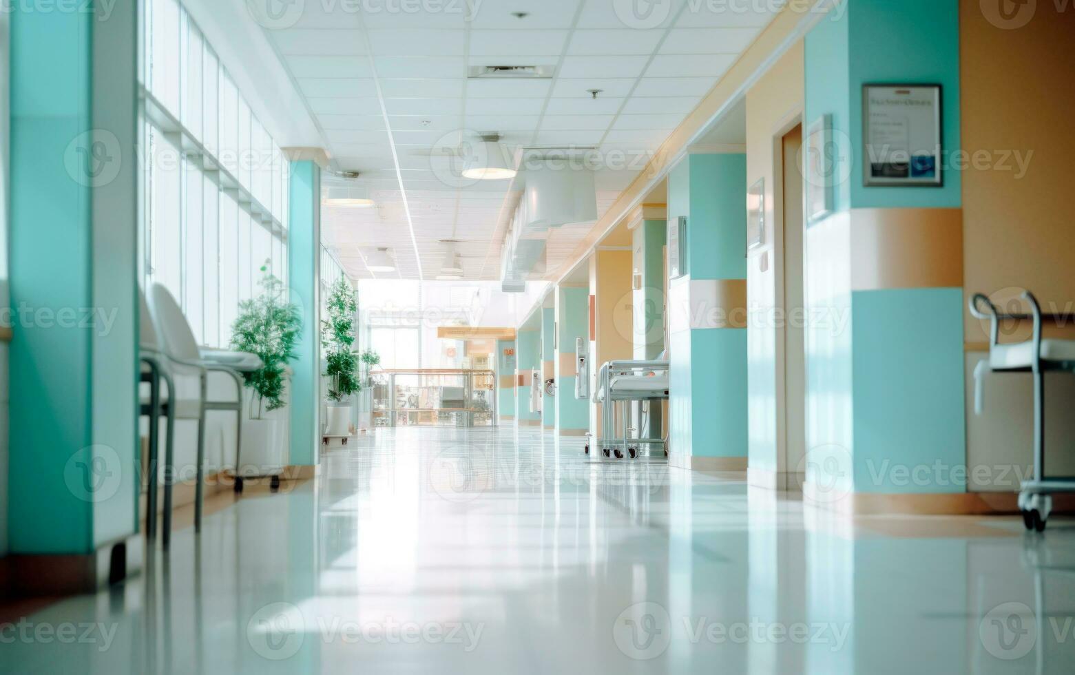 AI generated Blurred interior of hospital hall. Abstract medical banner with empty space for text.  AI Generated. photo