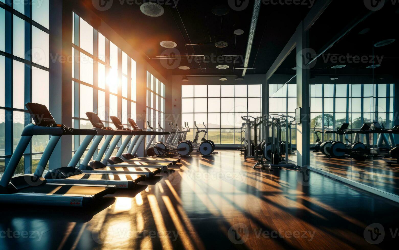 AI generated Still life photo of interior modern fitness center gym with a workout room. Empty space for text. AI Generated.