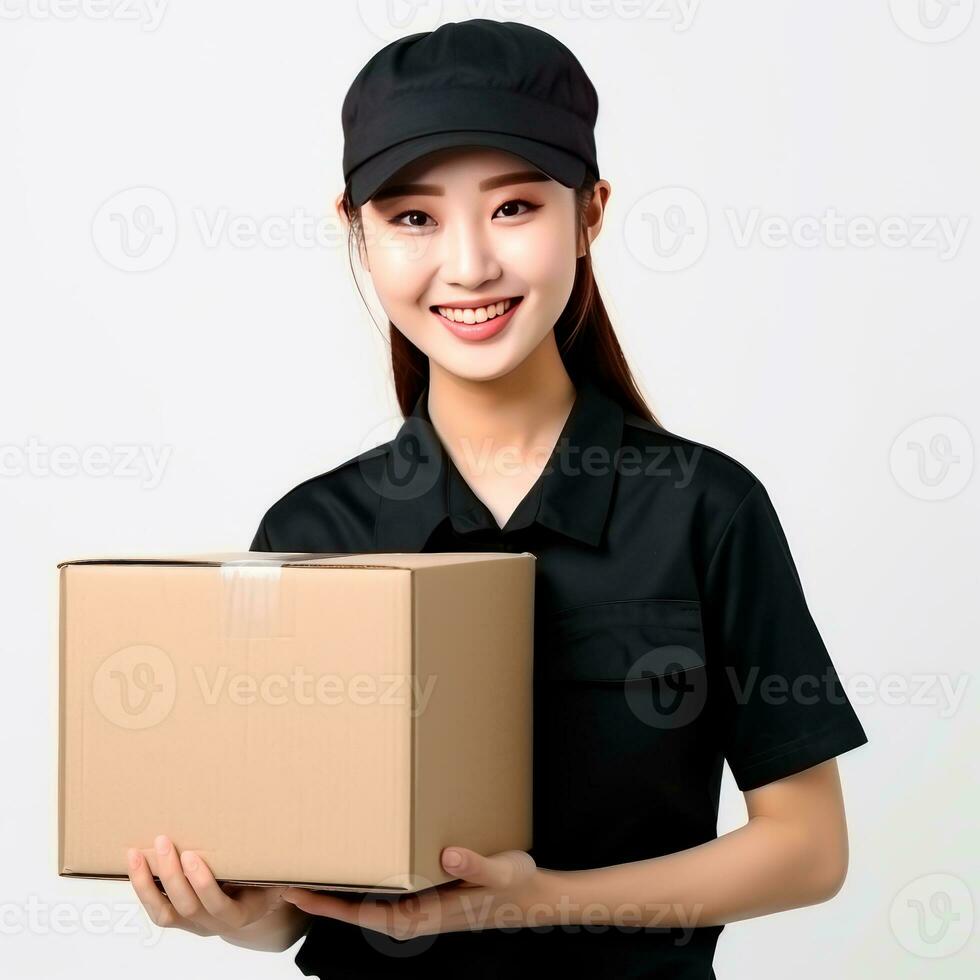 AI generated Asian delivery woman holding a cardboard box. Isolated photo ready to use. AI Generated