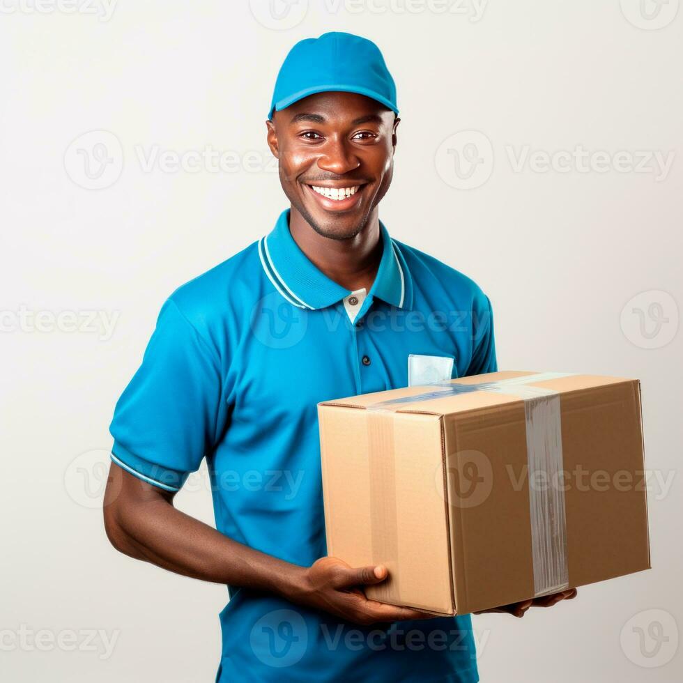 AI generated Afro-american delivery man holding a cardboard box. Isolated photo ready to use. AI Generated