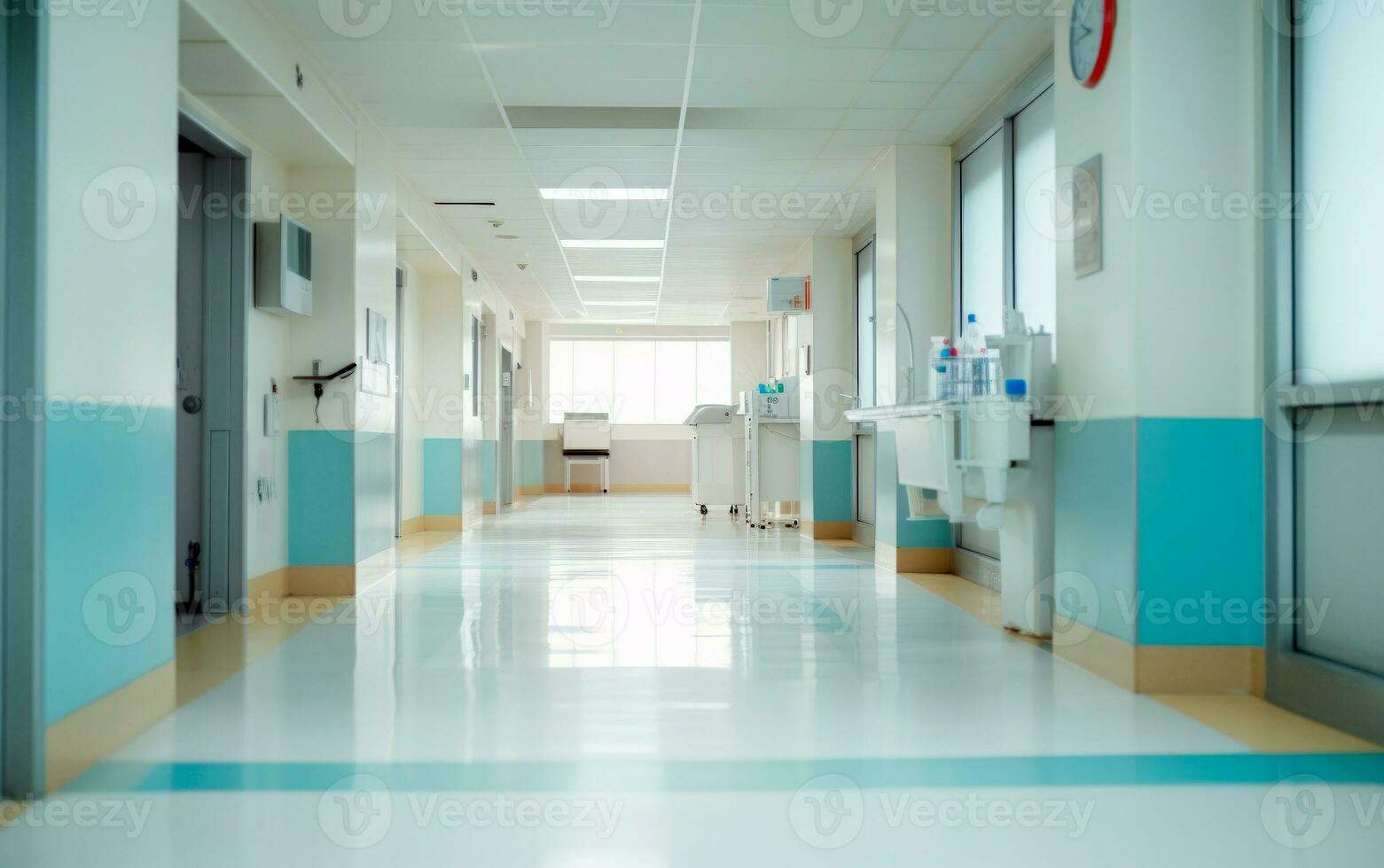 AI generated Blurred interior of hospital hall. Abstract medical banner with empty space for text.  AI Generated. photo