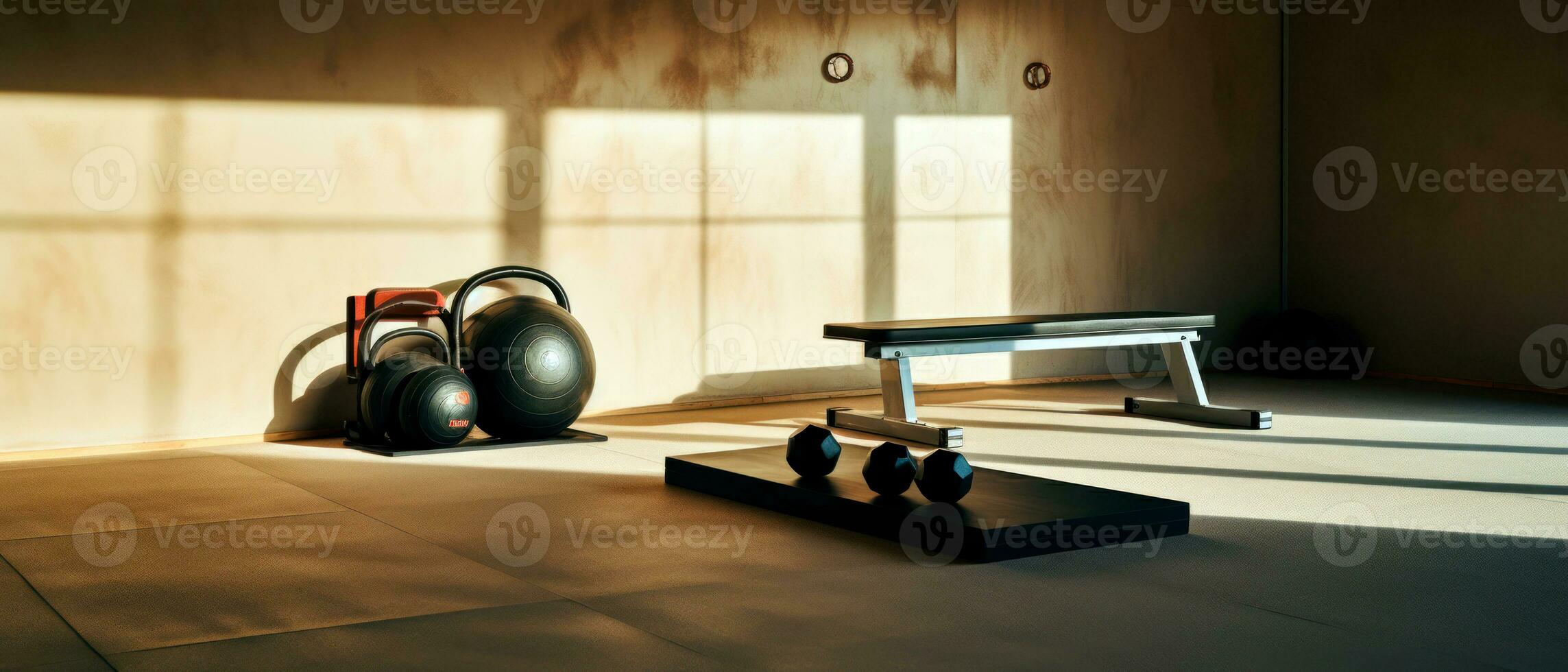 AI generated Still life photo of interior modern fitness center gym with a workout room. Empty space for text. AI Generated.