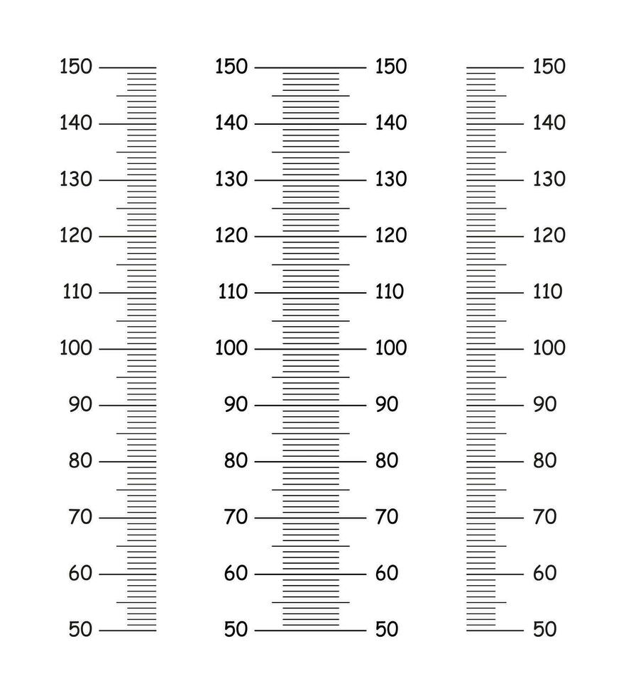 Kids height charts from 50 to 150 centimeters. Set of templates for wall growth sticker isolated on a white background. Meter wall or growth ruler. Vector graphic illustration.