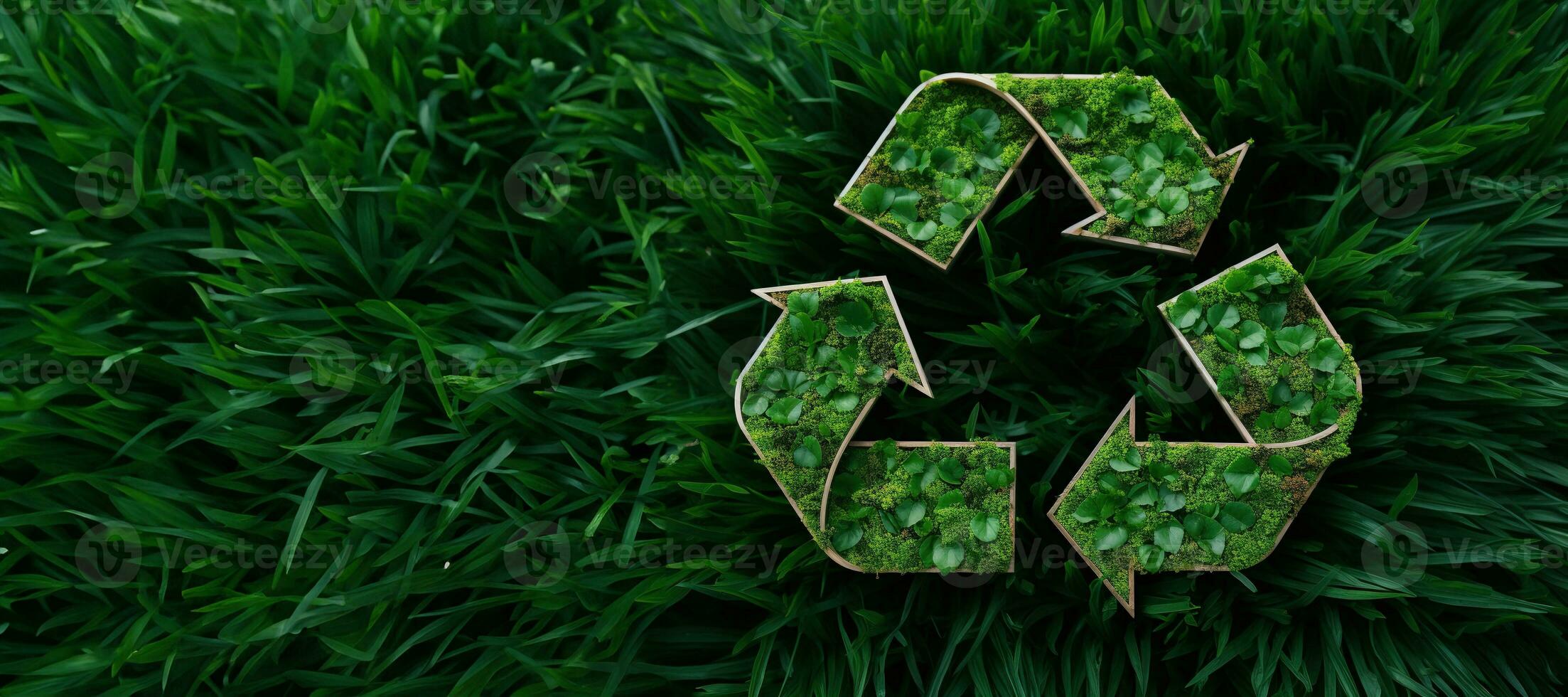 AI generated Generative AI, A recycling green sign made of wood and leaves, zero waste, reuse concept. photo