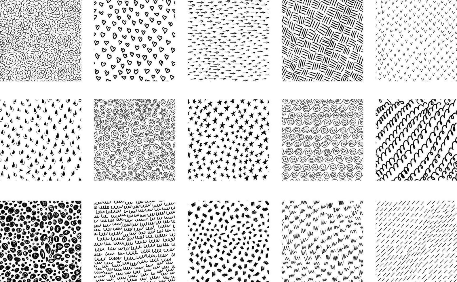 Big set of hand drawn ink seamless textures. Collection of 24 seamless pattern with scribbles, lines, semicircles, arrows, hearts, spots and waves. Modern trendy background or illustration. vector