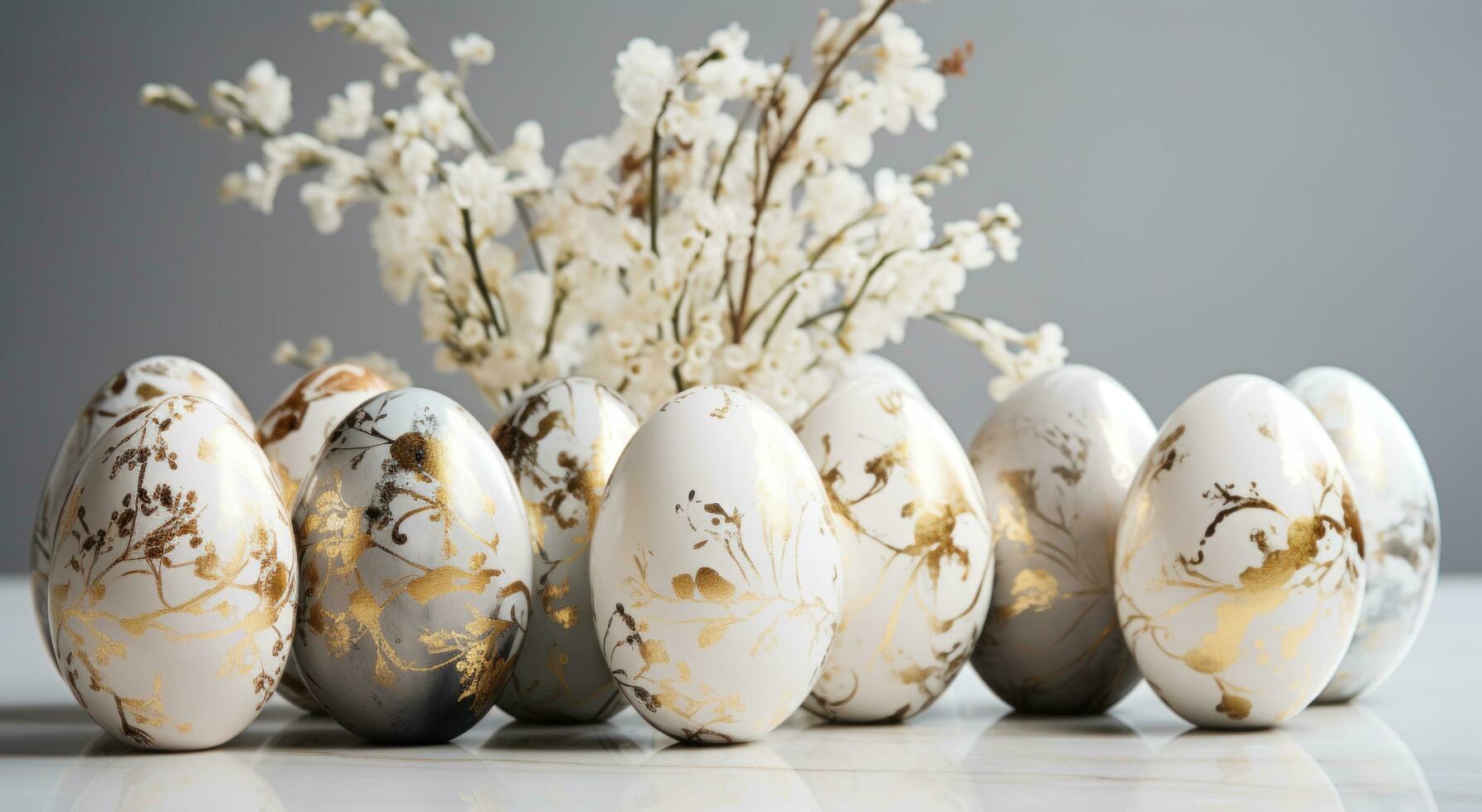 AI generated decorative white and gold easter eggs photo